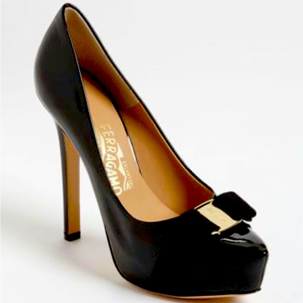 Salvatore Ferragamo Trilly Black Patent Leather Platform Pumps-Mint Condition